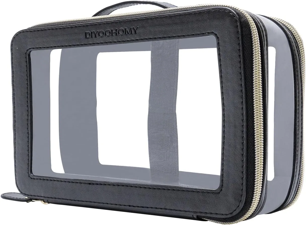 Clear Makeup Bag Double Layer Two Sided With Zipper Black Cosmetic large Make Up Case Compartments Brush Travel Leather Toiletry Women Beauty Organizer Transparent Waterproof Pouch