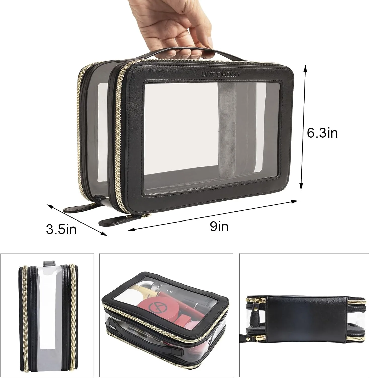 Clear Makeup Bag Double Layer Two Sided With Zipper Black Cosmetic large Make Up Case Compartments Brush Travel Leather Toiletry Women Beauty Organizer Transparent Waterproof Pouch