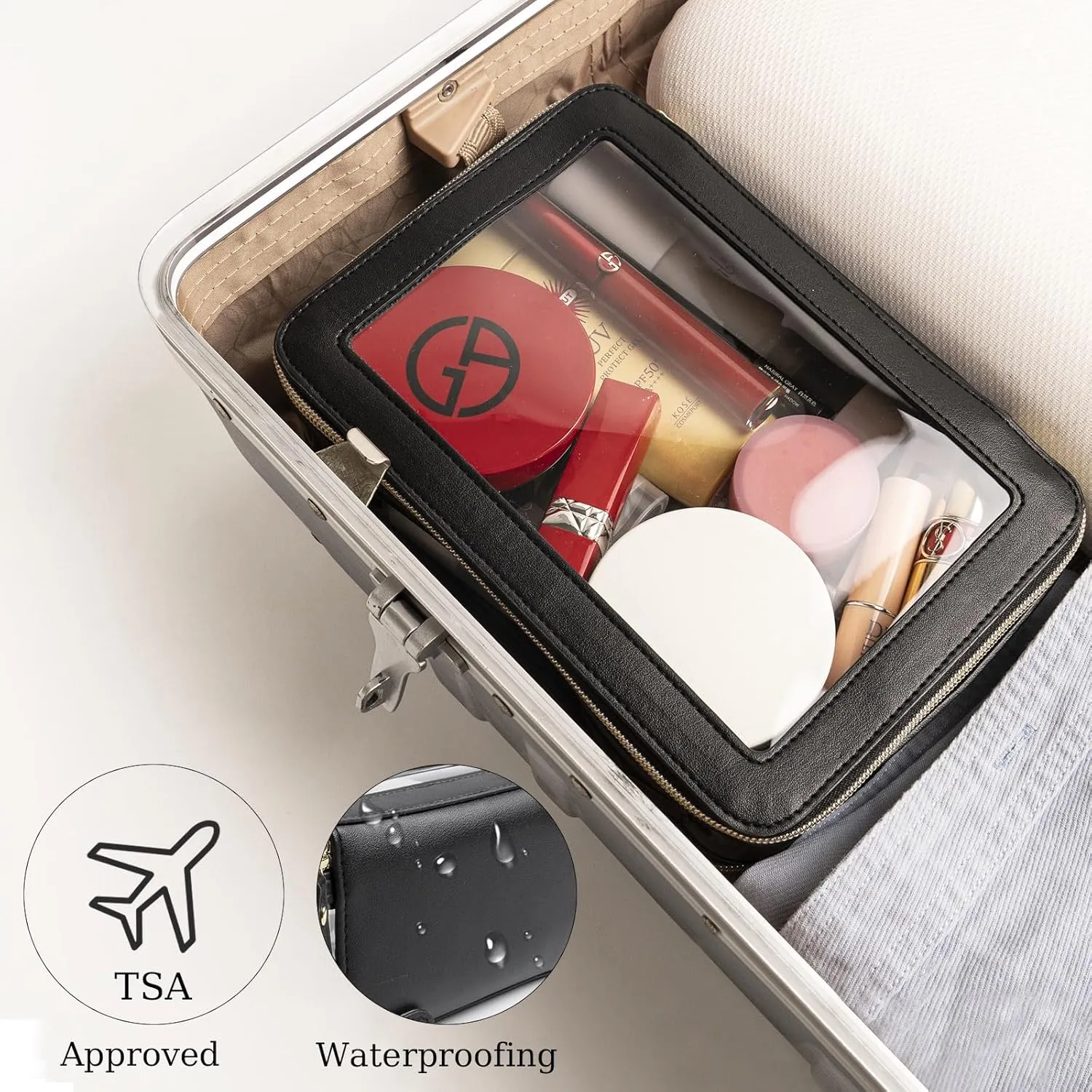 Clear Makeup Bag Double Layer Two Sided With Zipper Black Cosmetic large Make Up Case Compartments Brush Travel Leather Toiletry Women Beauty Organizer Transparent Waterproof Pouch