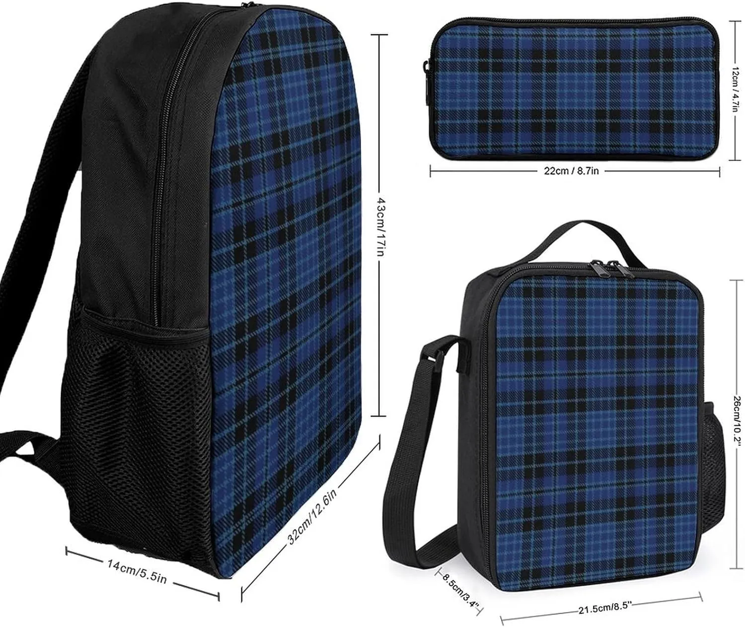 Clergy Blue Black White 17 Inch Backpack Diagonal Lunch Bag Pencil Case Set Unisex