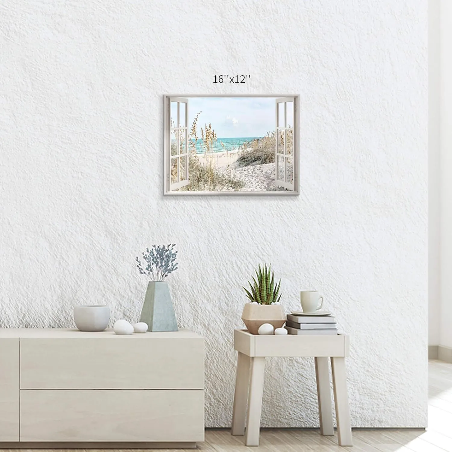 Coastal Beach Picture Wall Art: Beach Theme Window Canvas Art Prints Seascape Artwork Small Size for Bathroom (16” x12” x 1 Panel)