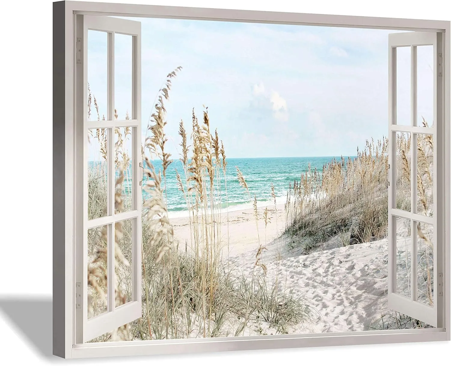 Coastal Beach Picture Wall Art: Beach Theme Window Canvas Art Prints Seascape Artwork Small Size for Bathroom (16” x12” x 1 Panel)