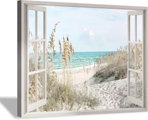 Coastal Beach Picture Wall Art: Beach Theme Window Canvas Art Prints Seascape Artwork Small Size for Bathroom (16” x12” x 1 Panel)