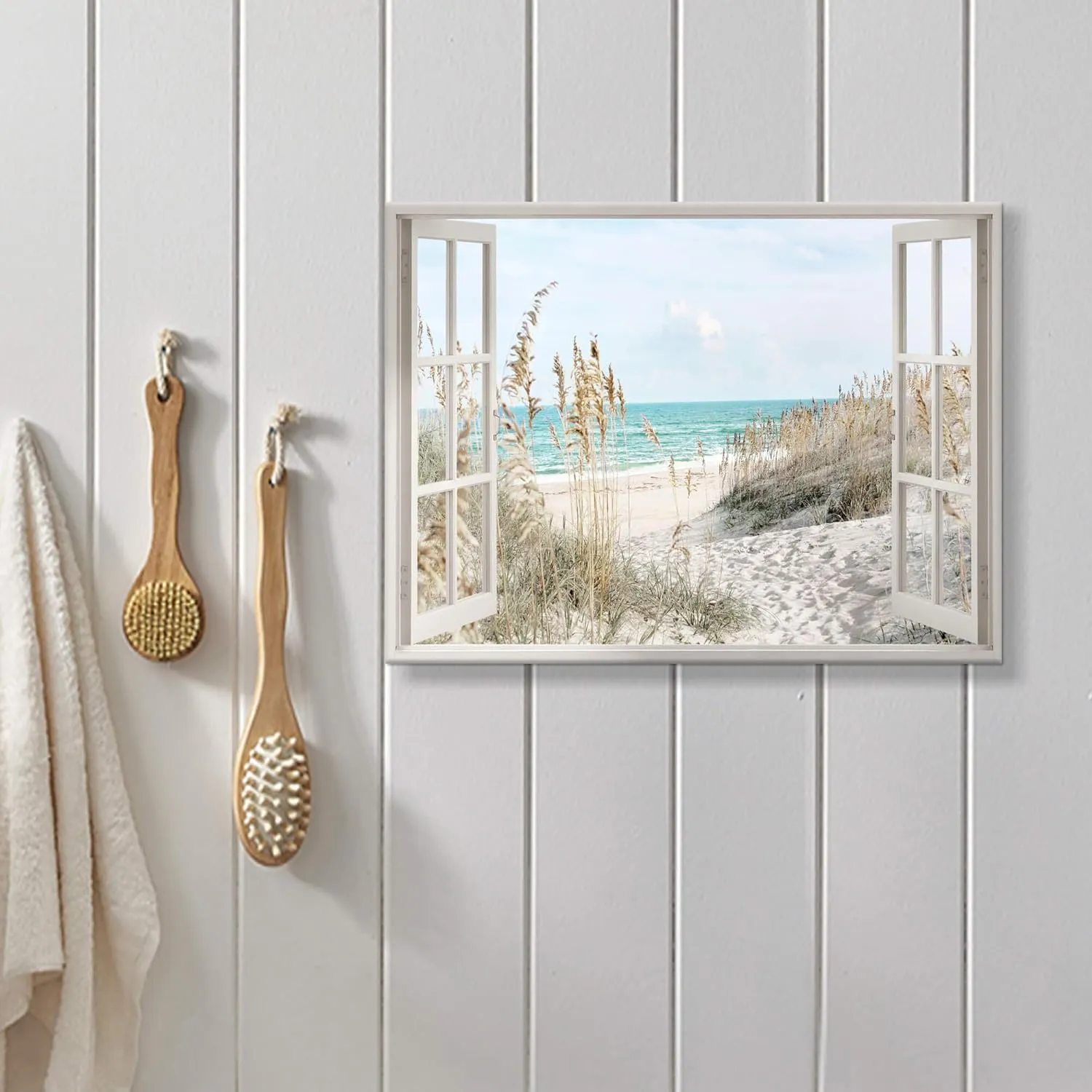 Coastal Beach Picture Wall Art: Beach Theme Window Canvas Art Prints Seascape Artwork Small Size for Bathroom (16” x12” x 1 Panel)