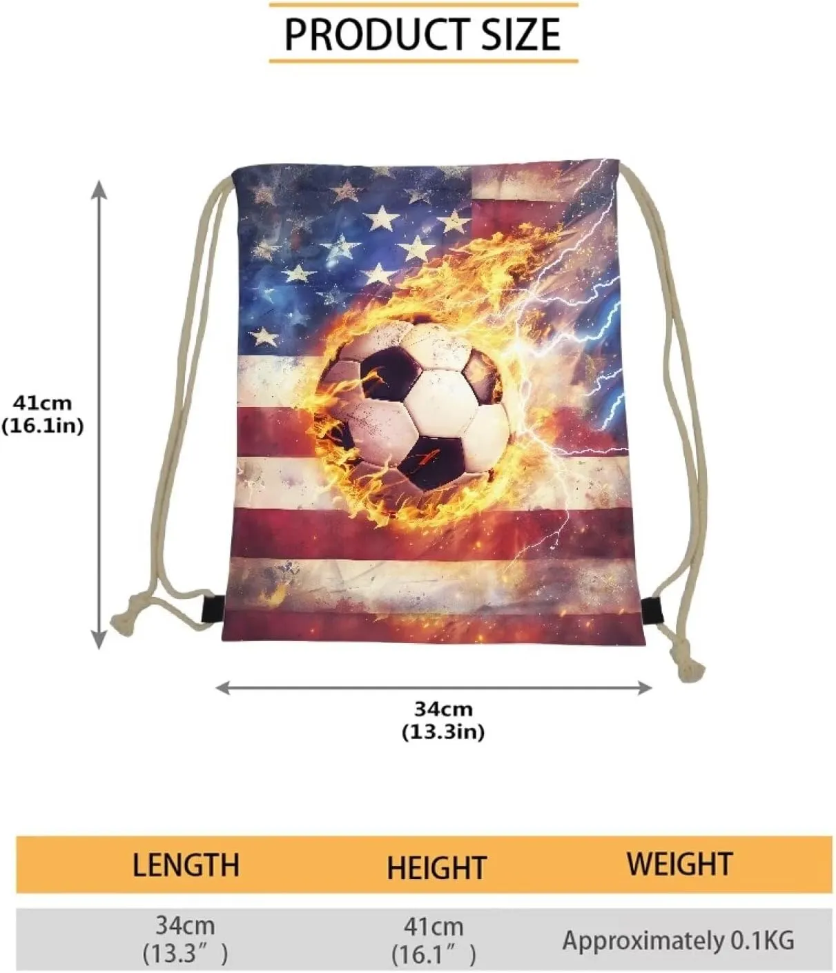 COEQINE 3D Soccer Drawstring Bag Fire Ball Gym Backpack for Kids Girls Boys American Flag Themes Bookbag Lightweight Women Teens