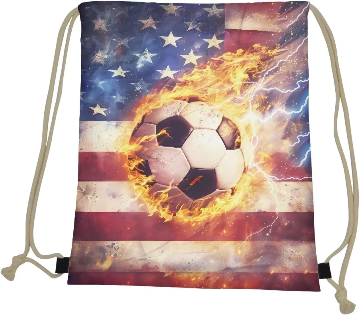 COEQINE 3D Soccer Drawstring Bag Fire Ball Gym Backpack for Kids Girls Boys American Flag Themes Bookbag Lightweight Women Teens
