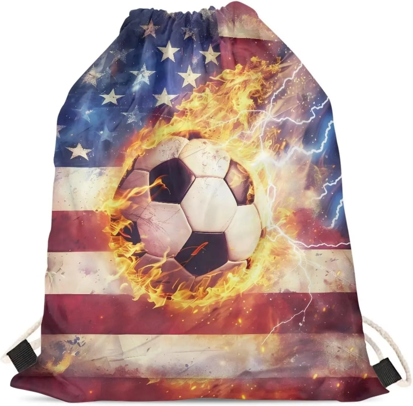 COEQINE 3D Soccer Drawstring Bag Fire Ball Gym Backpack for Kids Girls Boys American Flag Themes Bookbag Lightweight Women Teens