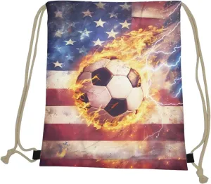 COEQINE 3D Soccer Drawstring Bag Fire Ball Gym Backpack for Kids Girls Boys American Flag Themes Bookbag Lightweight Women Teens