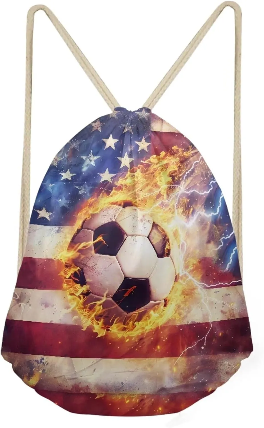 COEQINE 3D Soccer Drawstring Bag Fire Ball Gym Backpack for Kids Girls Boys American Flag Themes Bookbag Lightweight Women Teens