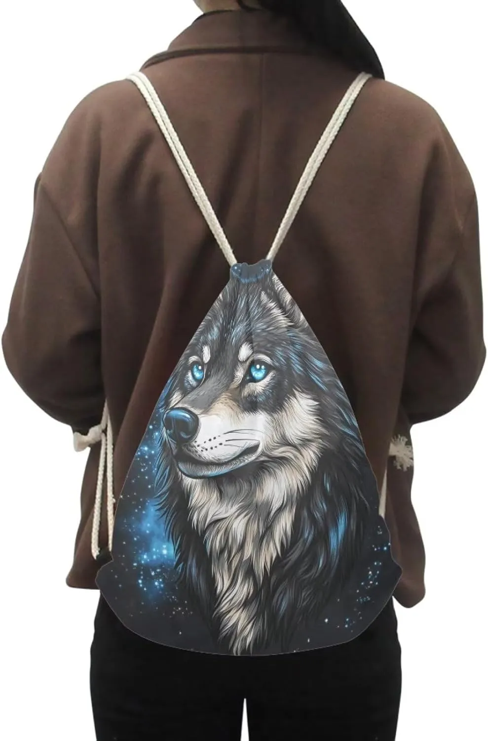COEQINE Cool Wolf Drawstring Backpack Cute Mini Backpack Bag for Girls Large Capacity Gym Drawstring Backpack Foldable Machine Washable Back to School Gifts for Daughter Son
