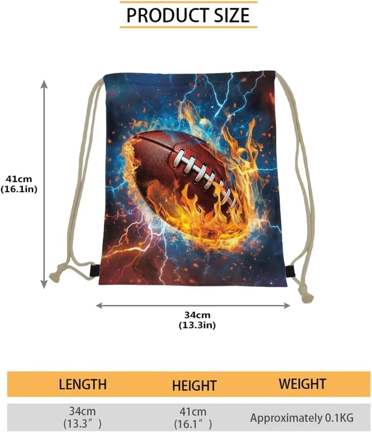 COEQINE Drawstring Backpack - American Soccer, Rugby Printed Bag - Casual Lightweight Gym Sackpack for Swimming, Sport, Yoga - Teen Boys