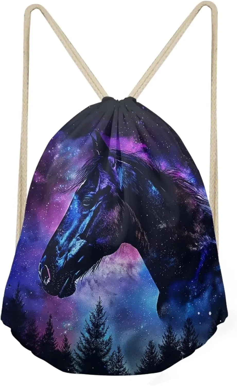 COEQINE Horse Drawstring Backpack Girls 10-12 Lightweight Drawstring Bookbag for Kids Girls Middle High School Swim Shoulder Bag,Blue Black