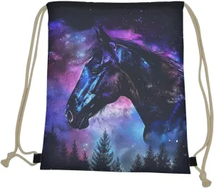 COEQINE Horse Drawstring Backpack Girls 10-12 Lightweight Drawstring Bookbag for Kids Girls Middle High School Swim Shoulder Bag,Blue Black