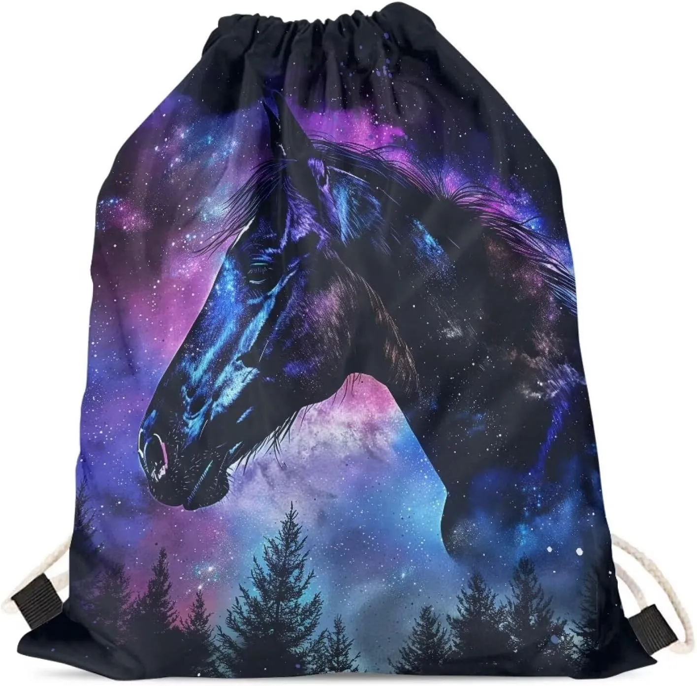 COEQINE Horse Drawstring Backpack Girls 10-12 Lightweight Drawstring Bookbag for Kids Girls Middle High School Swim Shoulder Bag,Blue Black