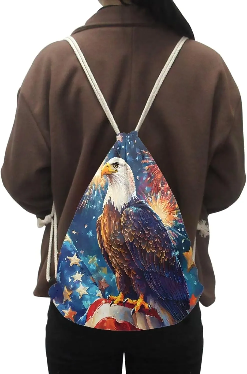 COEQINE Kids Sport Drawstring Bag for 10-12 Girls Schoolbag for Kids Cool American Flag Eagle Animal Pattern Bookbag Drawstring Travel Gym Bag for Ladies Teens Birthday
