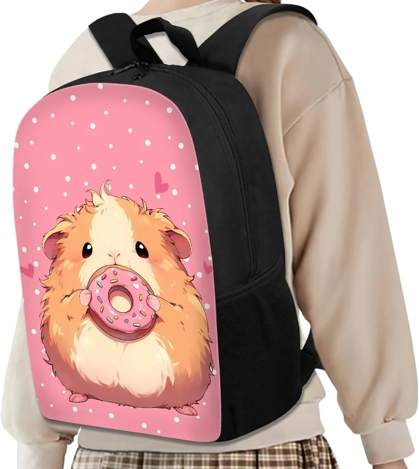 COEQINE Pink Kids Backpack 17 Inch Girls Guinea Pig Kawaii School Backpack for Teens Girls 17 Inch Portable Shoulder Bag for Middle High School Bag With Water Bottle