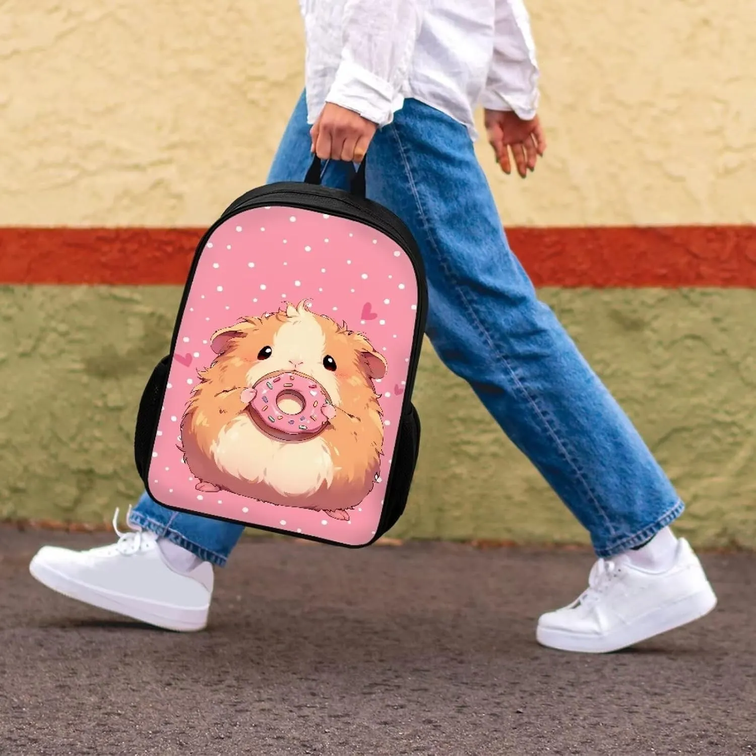 COEQINE Pink Kids Backpack 17 Inch Girls Guinea Pig Kawaii School Backpack for Teens Girls 17 Inch Portable Shoulder Bag for Middle High School Bag With Water Bottle