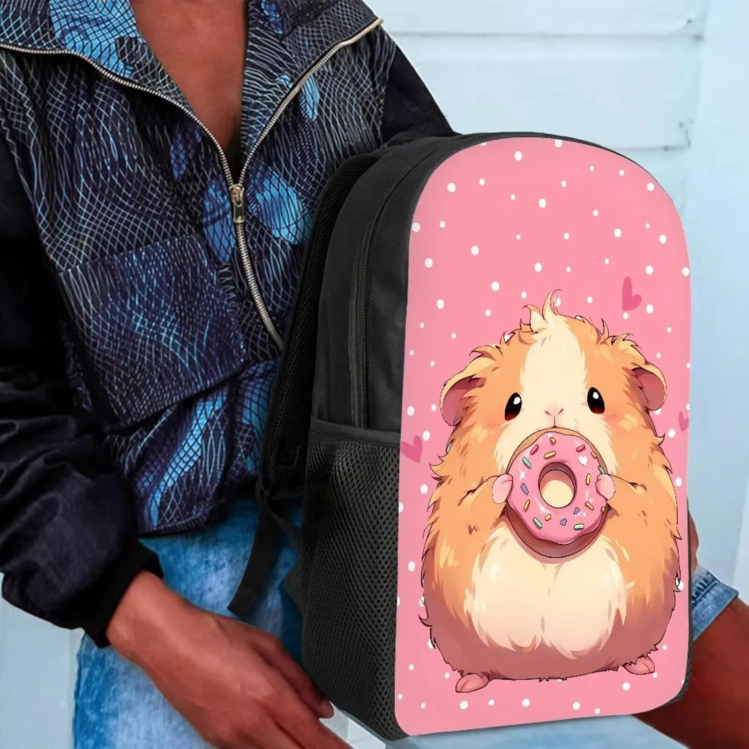 COEQINE Pink Kids Backpack 17 Inch Girls Guinea Pig Kawaii School Backpack for Teens Girls 17 Inch Portable Shoulder Bag for Middle High School Bag With Water Bottle