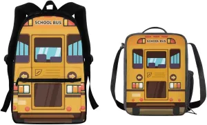 COEQINE Yellow School Bus Backpack Set, Travel Daypack and Lunch Box Bag Laptop School Backpack for Girls Boys