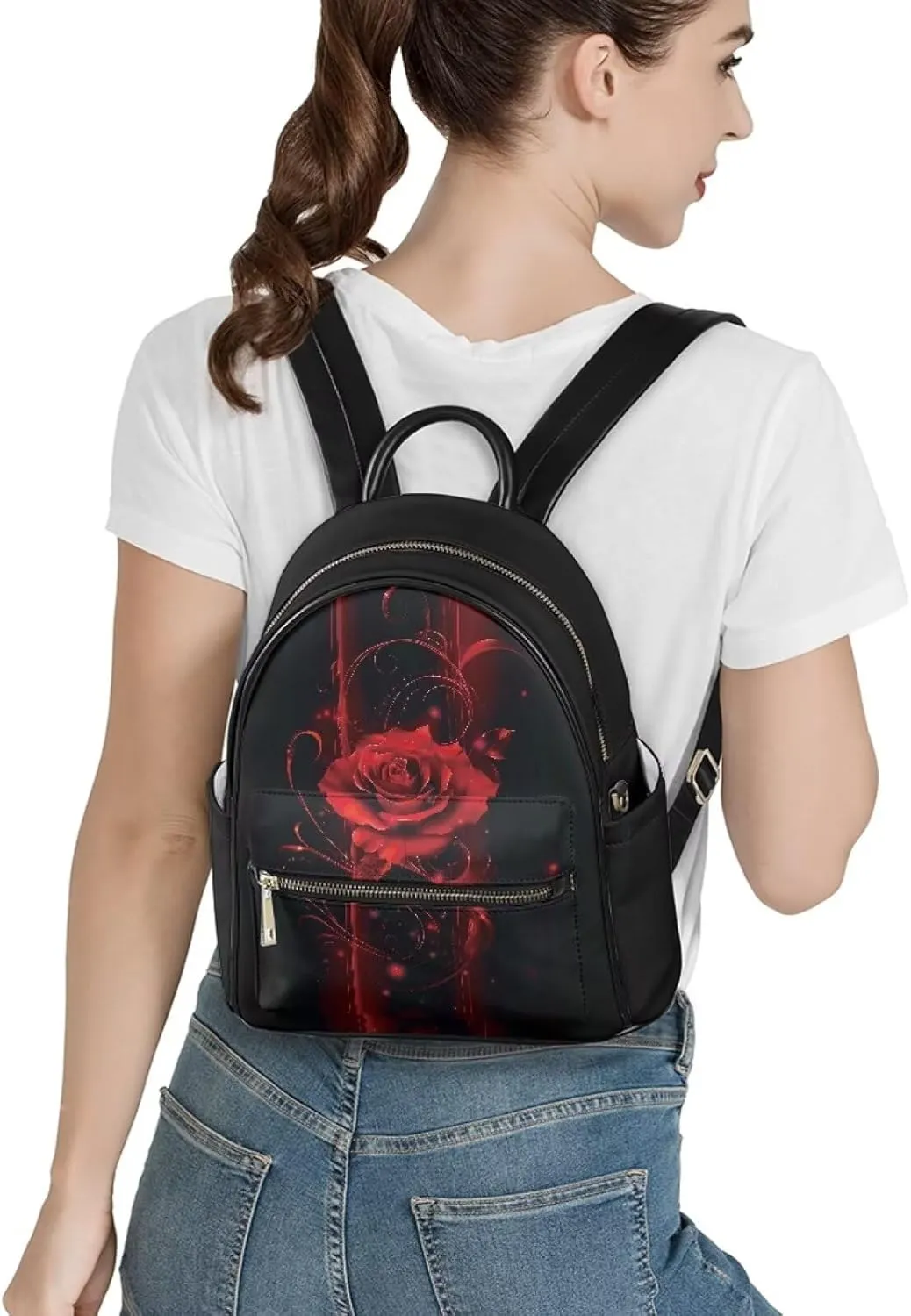Coldinair Aesthetic Red Rose Backpack for Women,Small Backpack Purse for Women Girls Teen,Mini Leather Backpack Purse Anti-theft Waterproof Shoulder Bag Handbag for Travel School