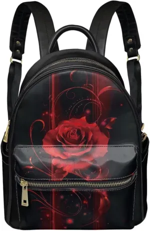 Coldinair Aesthetic Red Rose Backpack for Women,Small Backpack Purse for Women Girls Teen,Mini Leather Backpack Purse Anti-theft Waterproof Shoulder Bag Handbag for Travel School