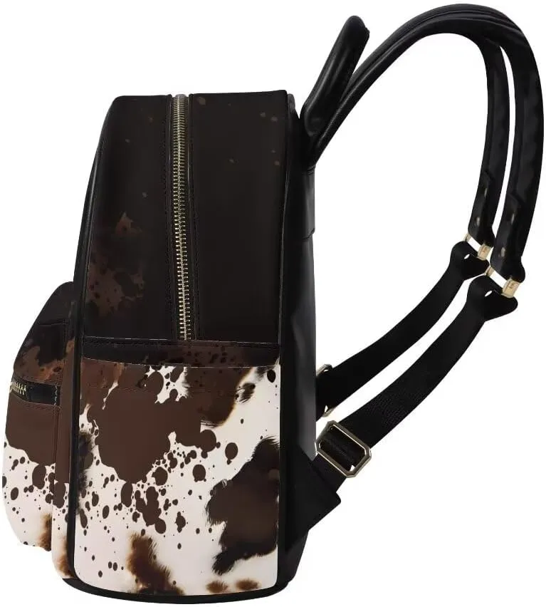 Coldinair Brown Cow Print Mini Backpack for Women Purse Backpack Women Small Shoulder Bags Leather Travel Backpack Purse for School,Daily,Hiking,Waterproof/Lightweight