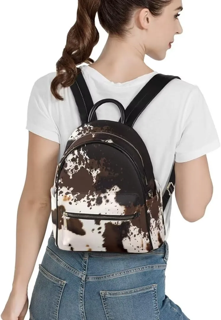 Coldinair Brown Cow Print Mini Backpack for Women Purse Backpack Women Small Shoulder Bags Leather Travel Backpack Purse for School,Daily,Hiking,Waterproof/Lightweight