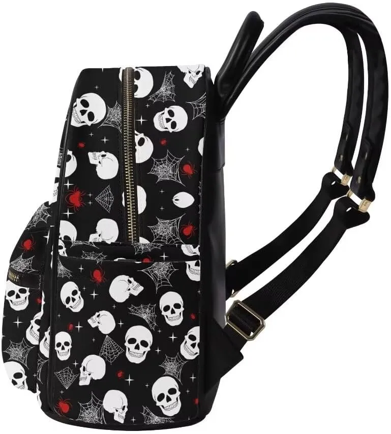 Coldinair Gothic Skull Small Backpack Purse for Women Mini Teen Girls Halloween Backpack Bag Leather Bookbag Purse Anti theft Daypack Casual Small Travel Backpack with Multiple Pockets