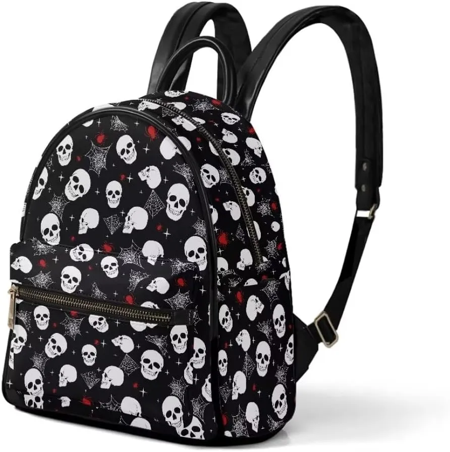 Coldinair Gothic Skull Small Backpack Purse for Women Mini Teen Girls Halloween Backpack Bag Leather Bookbag Purse Anti theft Daypack Casual Small Travel Backpack with Multiple Pockets