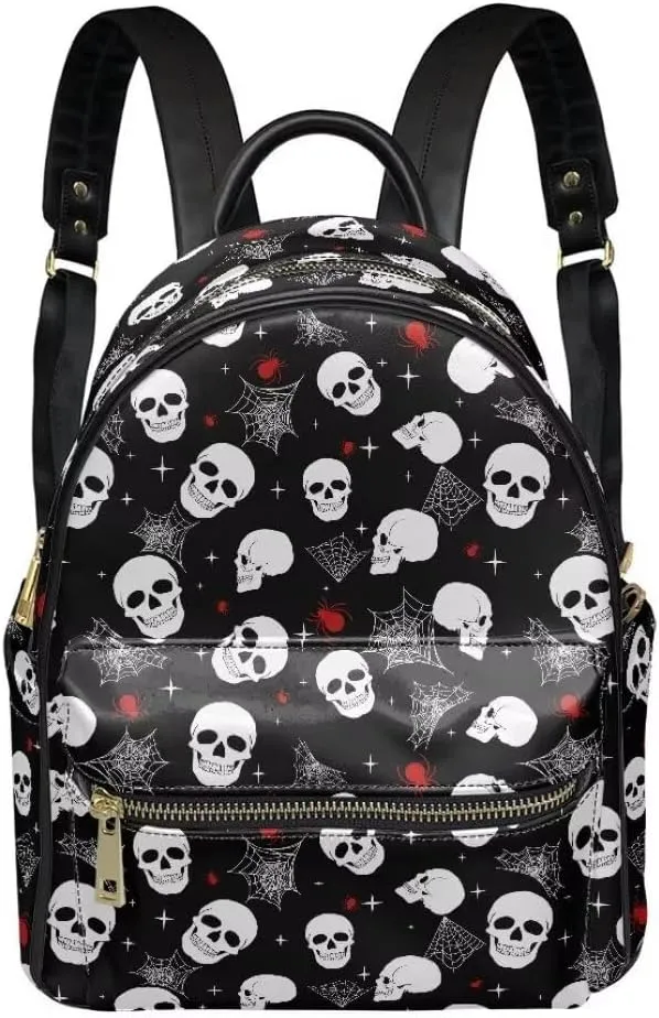 Coldinair Gothic Skull Small Backpack Purse for Women Mini Teen Girls Halloween Backpack Bag Leather Bookbag Purse Anti theft Daypack Casual Small Travel Backpack with Multiple Pockets