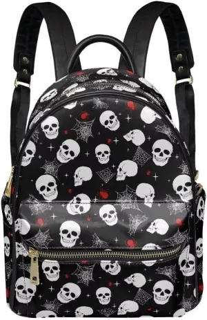 Coldinair Gothic Skull Small Backpack Purse for Women Mini Teen Girls Halloween Backpack Bag Leather Bookbag Purse Anti theft Daypack Casual Small Travel Backpack with Multiple Pockets