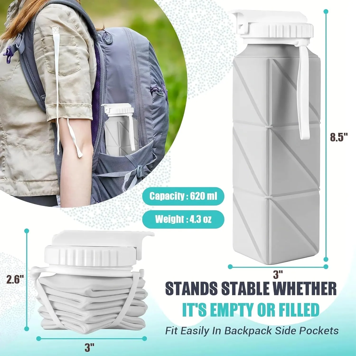 Collapsible Water Bottle, Silicone Foldable Water Bottle Cup with Straw, Leak-Proof Portable Water Bottles 620ml Travel Lightweight Water Cups(9)