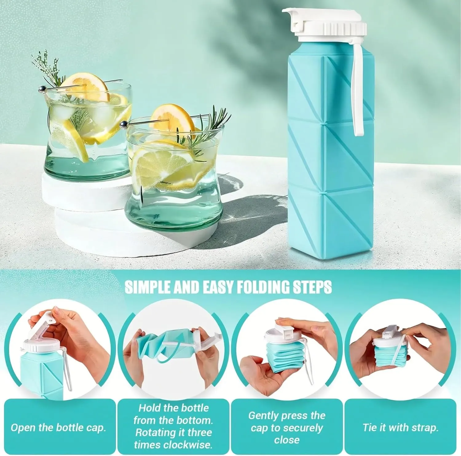 Collapsible Water Bottle, Silicone Foldable Water Bottle Cup with Straw, Leak-Proof Portable Water Bottles 620ml Travel Lightweight Water Cups(9)