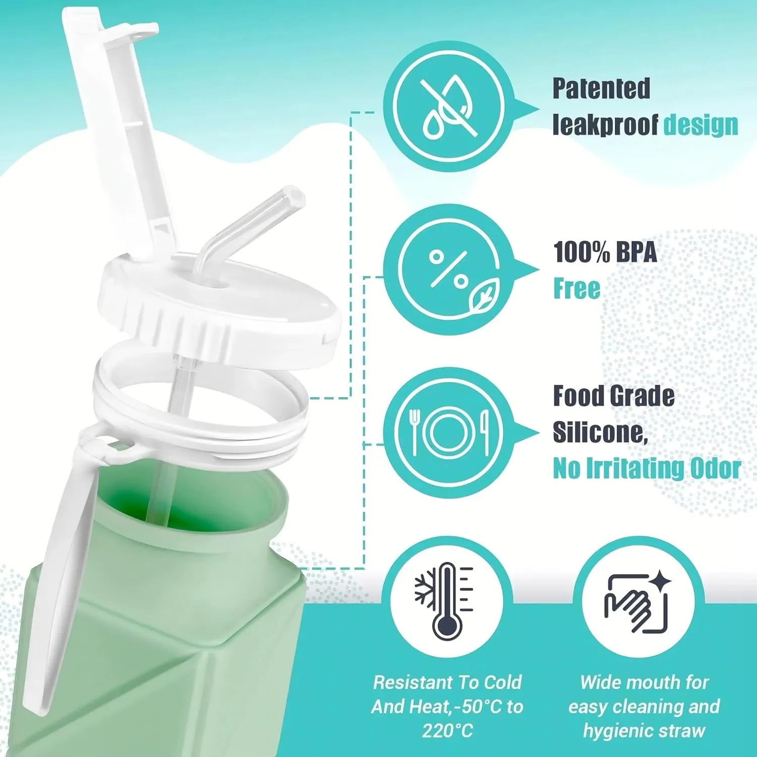 Collapsible Water Bottle, Silicone Foldable Water Bottle Cup with Straw, Leak-Proof Portable Water Bottles 620ml Travel Lightweight Water Cups(9)