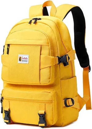 College Backpack Teen Lightweight School Book Bag with USB Charger Port Casual Daypack (Yellow) for Women Men Youth