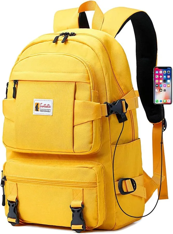 College Backpack Teen Lightweight School Book Bag with USB Charger Port Casual Daypack (Yellow) for Women Men Youth