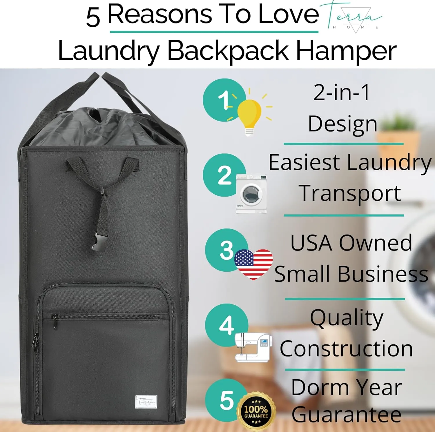 College Essentials Travel Size Laundry Backpack - Portable, Durable, Foldable - Laundry Bag with Pockets for College Dorms - Extra Large Laundry Carrying Bag with Strap (Black)