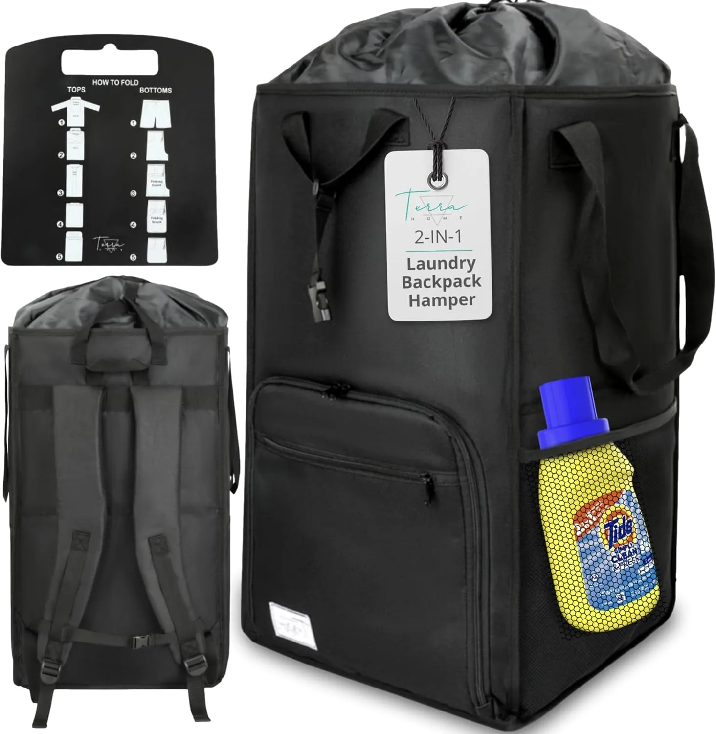 College Essentials Travel Size Laundry Backpack - Portable, Durable, Foldable - Laundry Bag with Pockets for College Dorms - Extra Large Laundry Carrying Bag with Strap (Black)