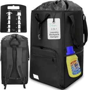 College Essentials Travel Size Laundry Backpack - Portable, Durable, Foldable - Laundry Bag with Pockets for College Dorms - Extra Large Laundry Carrying Bag with Strap (Black)