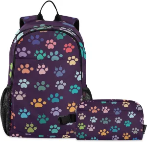 Colorful Animals Footprint Backpack Teenage School Backpack Travel Bookbag for Kids Casual Daypack with Lunch Box
