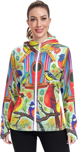 Colorful Birds Uv Jacket Women, Upf 50  Zip up Long Sleeve Hiking Shirt Women