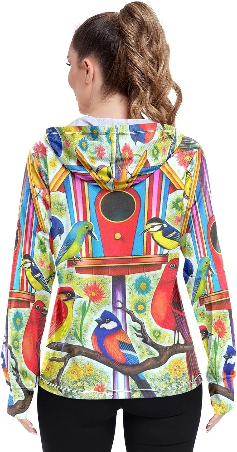 Colorful Birds Uv Jacket Women, Upf 50  Zip up Long Sleeve Hiking Shirt Women