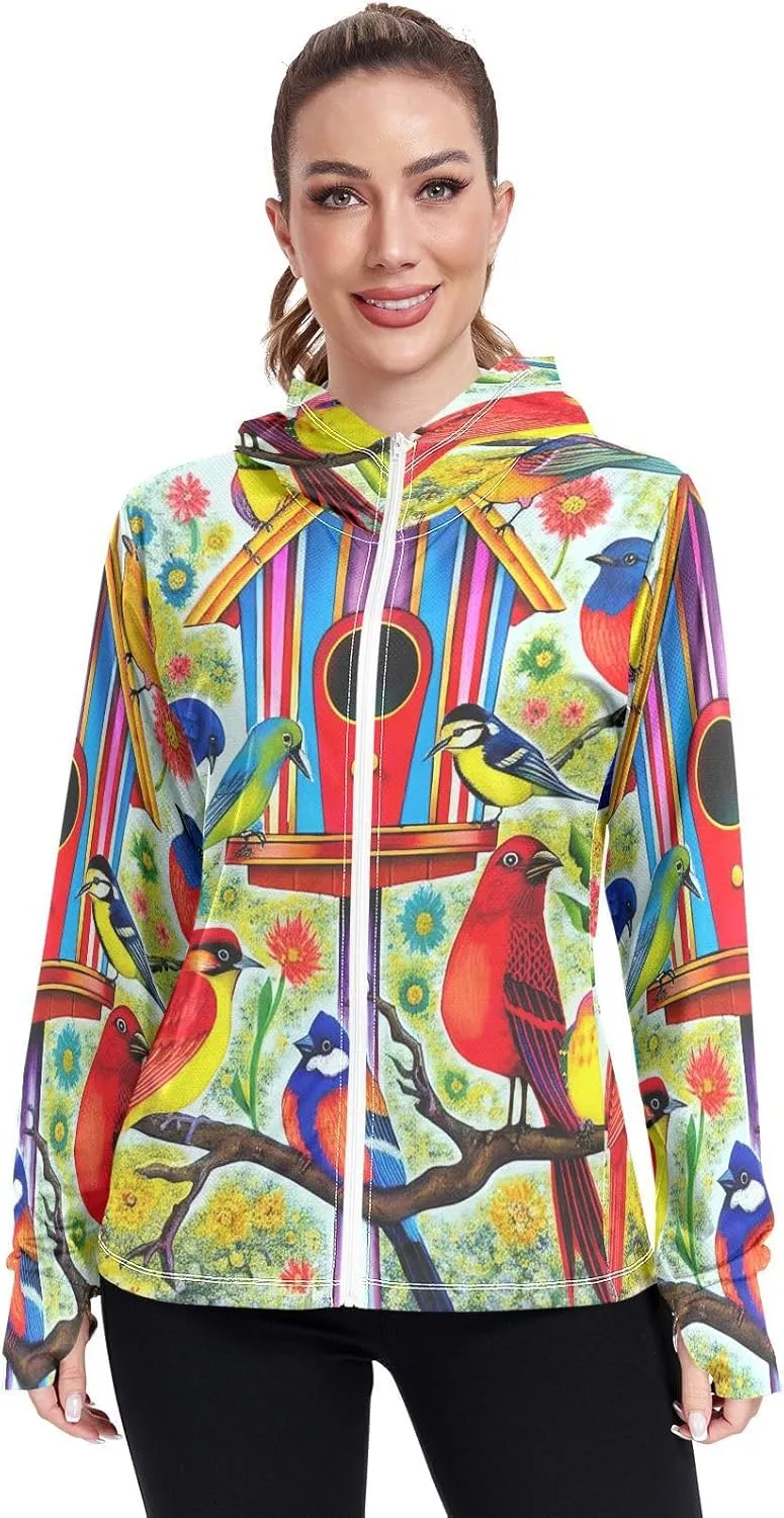 Colorful Birds Uv Jacket Women, Upf 50  Zip up Long Sleeve Hiking Shirt Women