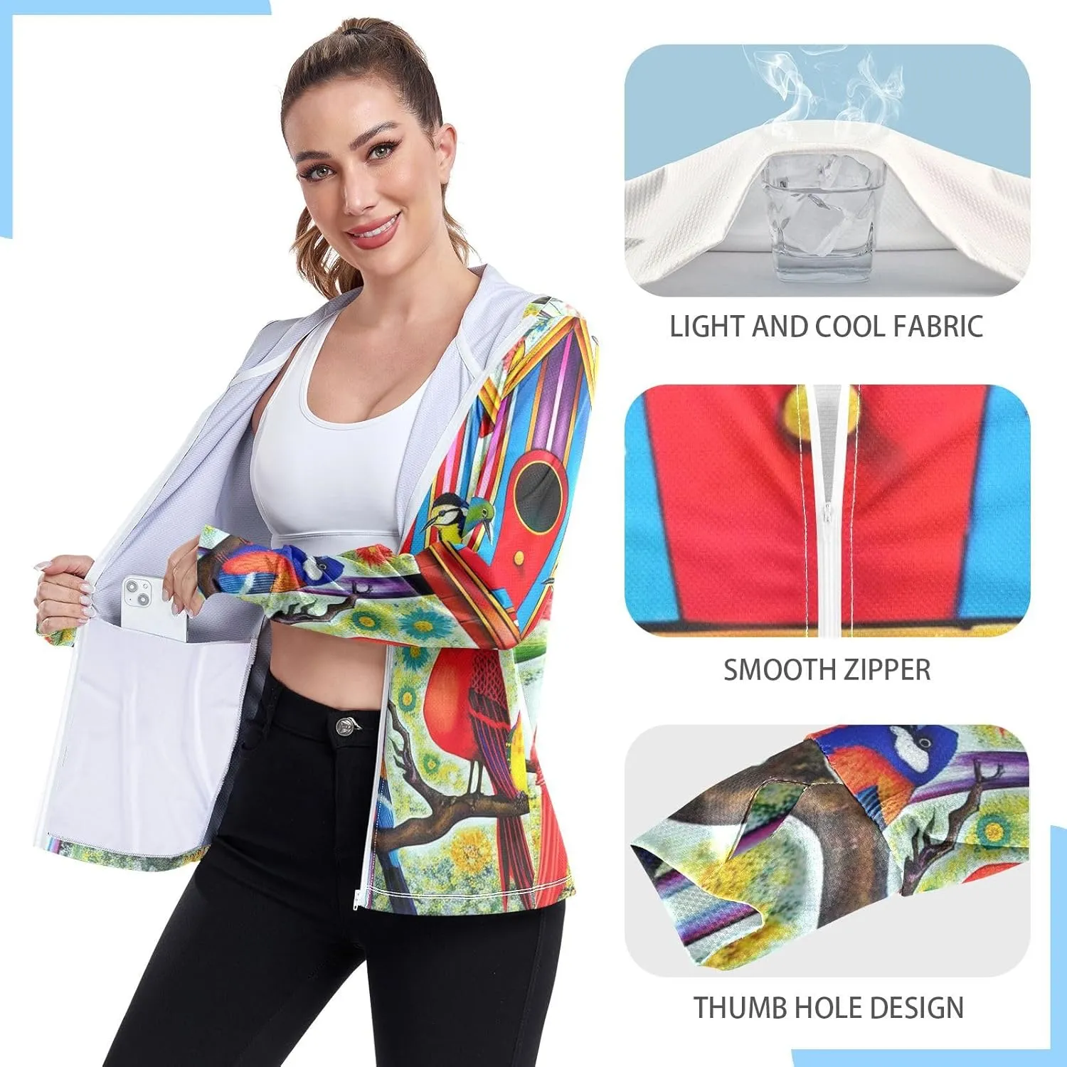 Colorful Birds Uv Jacket Women, Upf 50  Zip up Long Sleeve Hiking Shirt Women