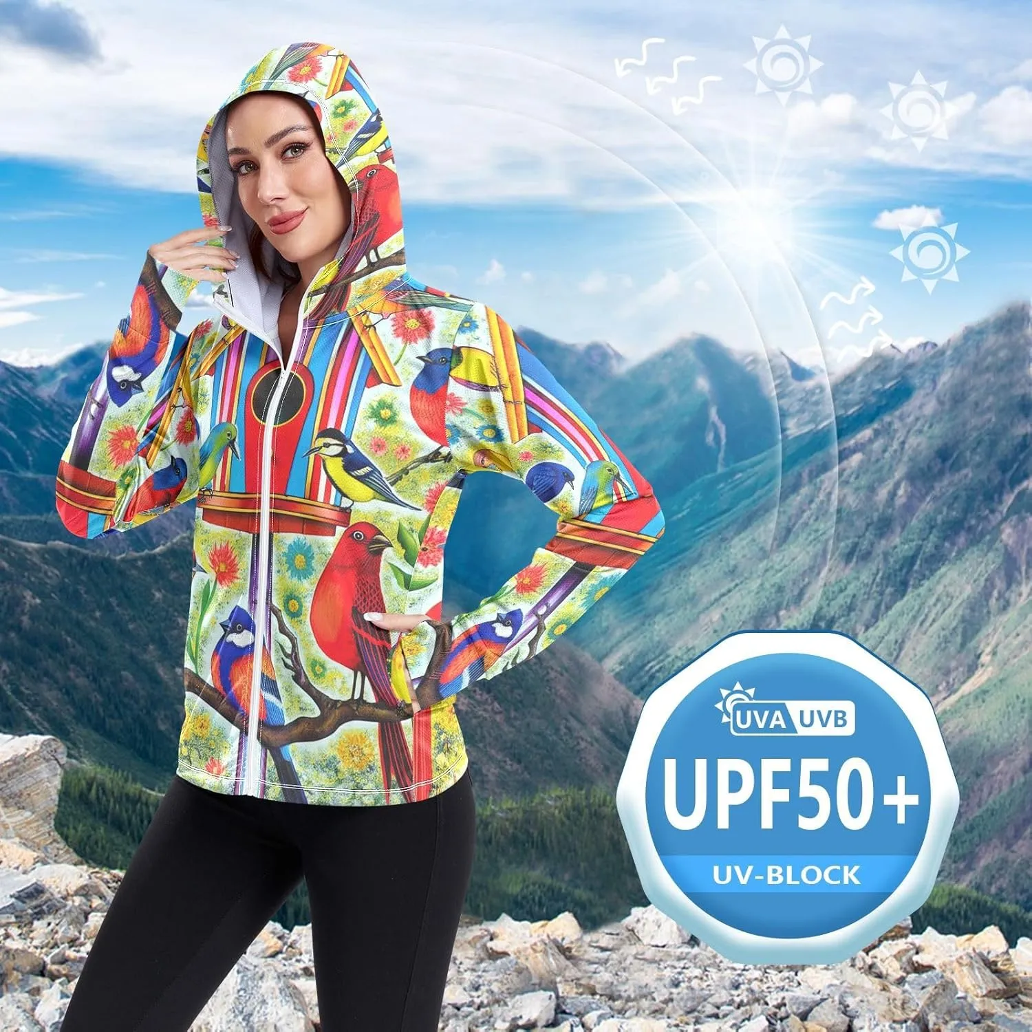 Colorful Birds Uv Jacket Women, Upf 50  Zip up Long Sleeve Hiking Shirt Women