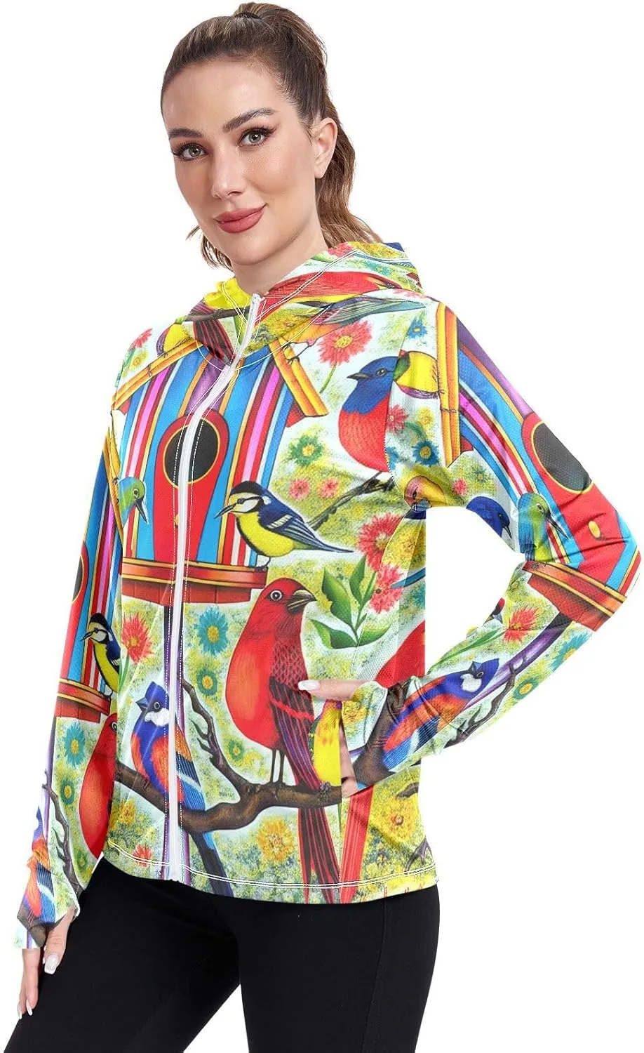 Colorful Birds Uv Jacket Women, Upf 50  Zip up Long Sleeve Hiking Shirt Women