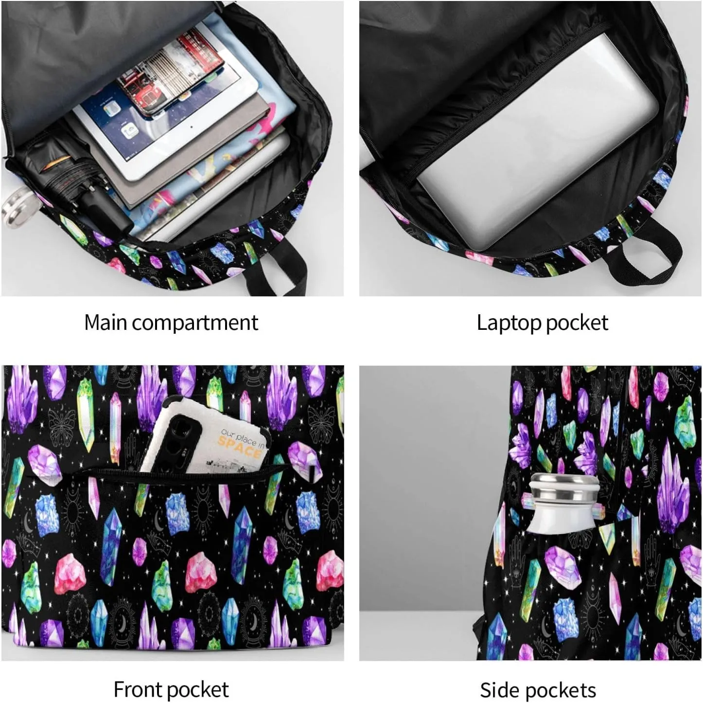 Colorful Crystals Waterproof Backpack Adjustable Shoulder Straps Bag Large Capacity Casual Daypack Bookbag For Travel Work