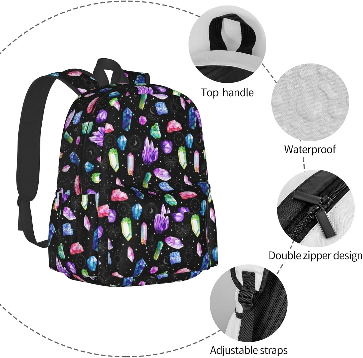 Colorful Crystals Waterproof Backpack Adjustable Shoulder Straps Bag Large Capacity Casual Daypack Bookbag For Travel Work