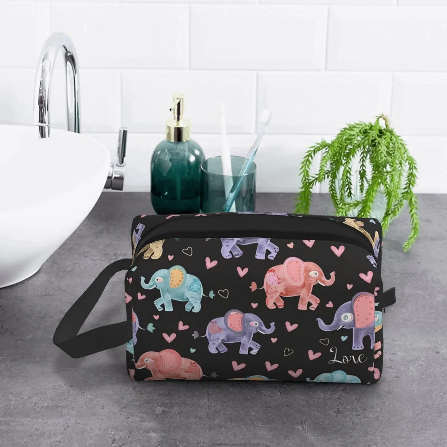 Colorful Elephant Love Travel Toiletry Bag for Women Men, Portable Hanging Toiletry Bag, Waterproof Dopp Kit Cosmetic Organizer, Large Capacity Shaving Bag Makeup Bag