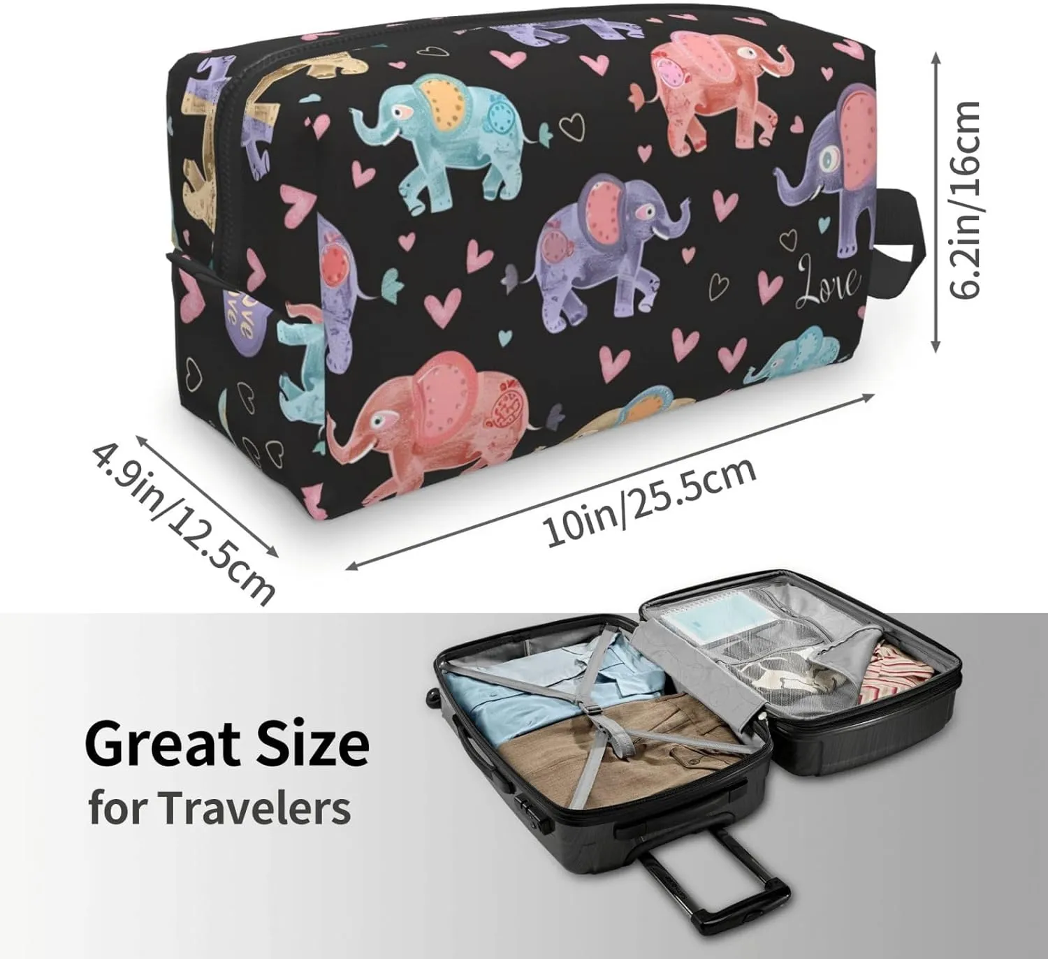 Colorful Elephant Love Travel Toiletry Bag for Women Men, Portable Hanging Toiletry Bag, Waterproof Dopp Kit Cosmetic Organizer, Large Capacity Shaving Bag Makeup Bag
